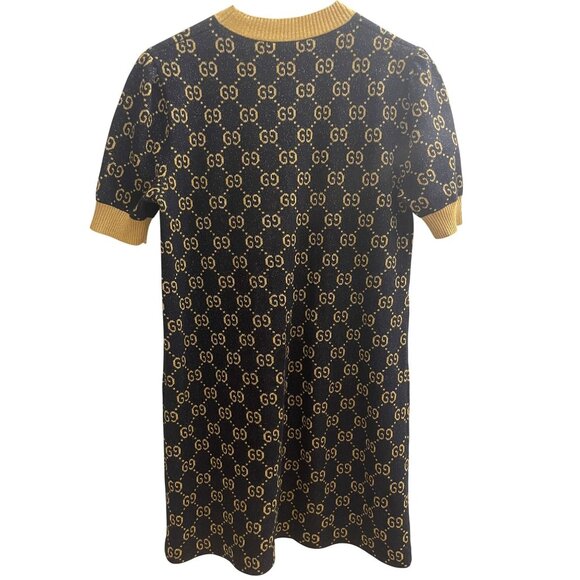 Gucci Womens Black & Gold GG Monogram Knit Short-Sleeve Dress With Pocket Detail - Picture 2 of 16